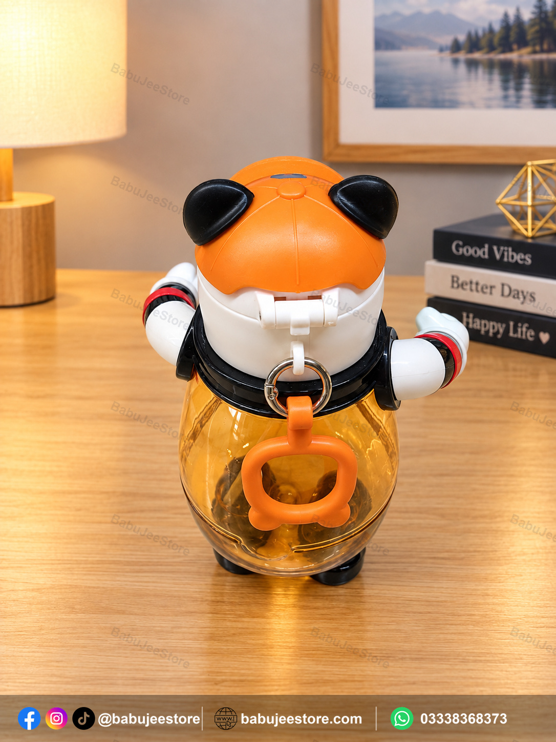 kids character water bottle with easy open lid kids robot character water bottle back babujeestore ad.jpg Orange character-style kids water bottle with handled easy-open lid