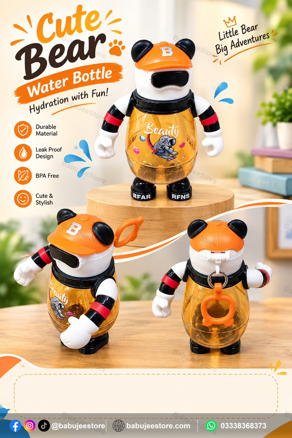 kids character water bottle with easy open lid kids robot character water bottle collage babujeestore ad.jpg Orange character-style kids water bottle with handled easy-open lid