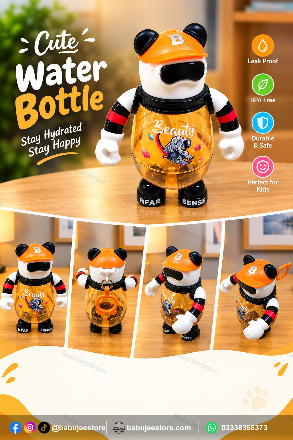 kids character water bottle with easy open lid kids robot character water bottle detail babujeestore ad.jpg Orange character-style kids water bottle with handled easy-open lid