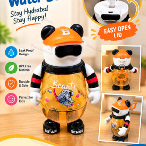 Orange character-style kids water bottle with handled easy-open lid