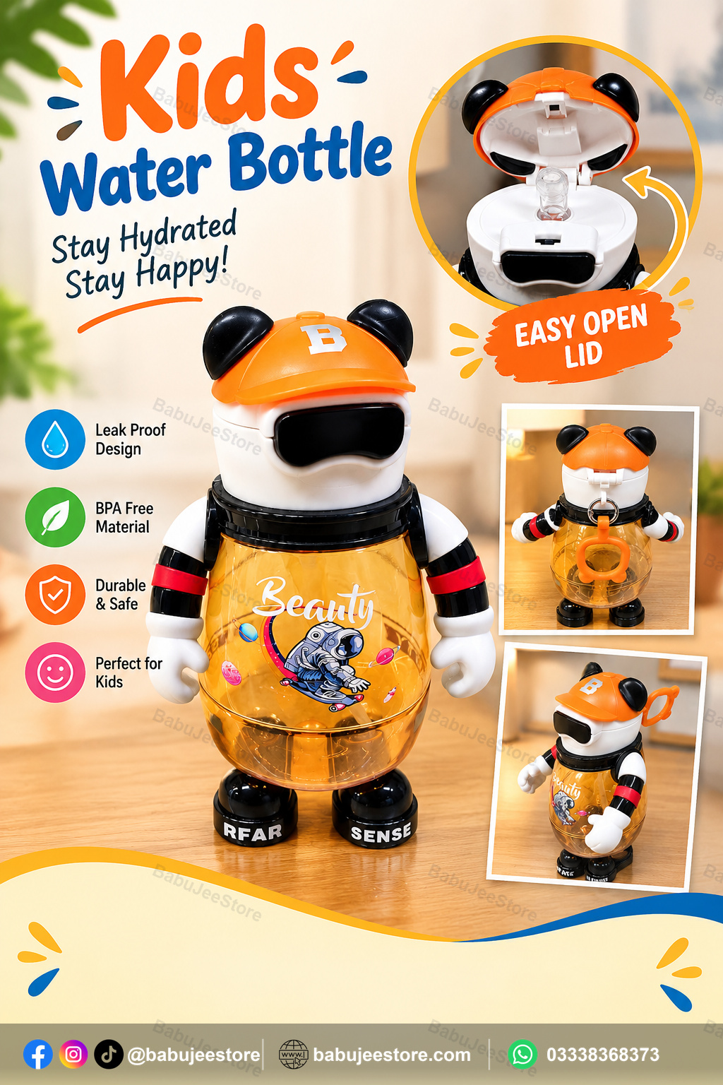 kids character water bottle with easy open lid kids robot character water bottle main babujeestore ad.jpg Orange character-style kids water bottle with handled easy-open lid