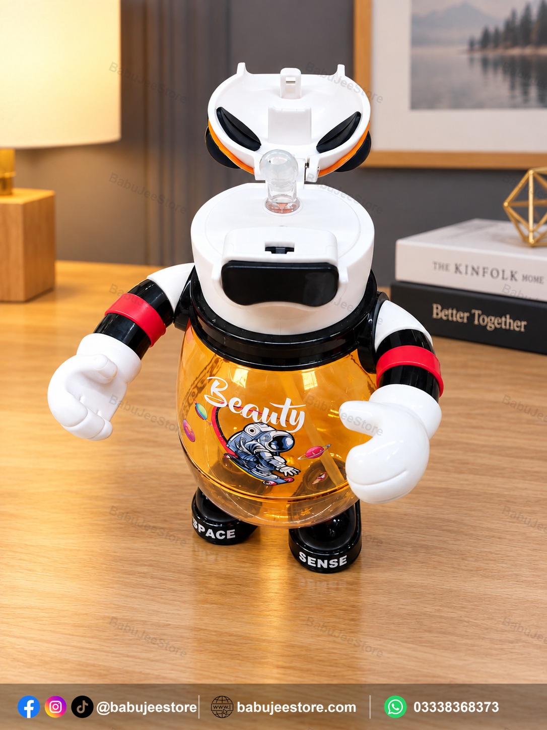 kids character water bottle with easy open lid kids robot character water bottle open lid babujeestore ad.jpg Orange character-style kids water bottle with handled easy-open lid