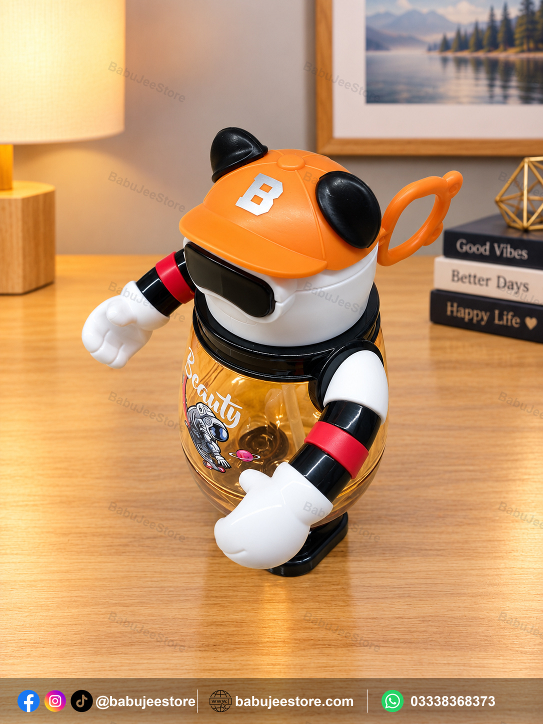 kids character water bottle with easy open lid kids robot character water bottle side babujeestore ad.jpg Orange character-style kids water bottle with handled easy-open lid