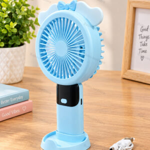 Blue rechargeable handheld fan with desktop stand, USB cable and LED ring