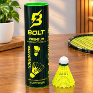 Badminton shuttlecock beside a black tube with green design details