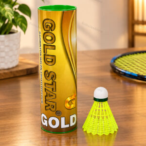 Badminton shuttlecock beside a gold-coloured tube and green shuttlecock
