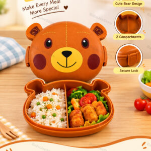 Bear-shaped lunch box with two compartments shown in the package image