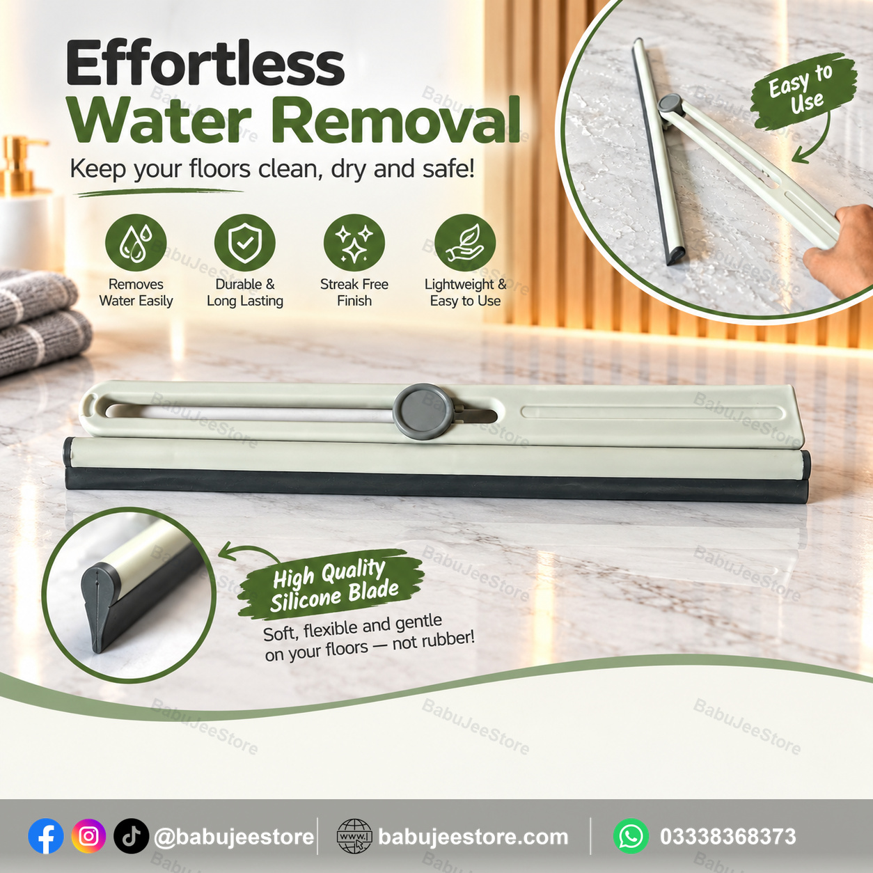 Compact floor water squeegee with pale green handle and wiping blade Compact floor water squeegee with pale green handle and wiping blade