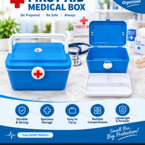 Blue first aid medical storage box with carry handle and divided tray