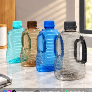 Handled transparent plastic bottles shown in several colours
