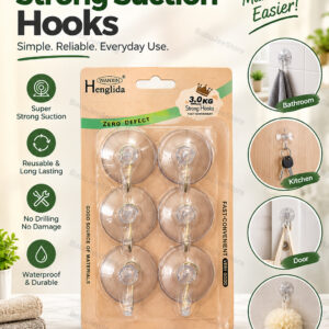 Six transparent suction hooks in their package with household use examples