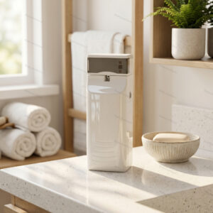 Wall-mounted air freshener dispenser shown on a shelf.